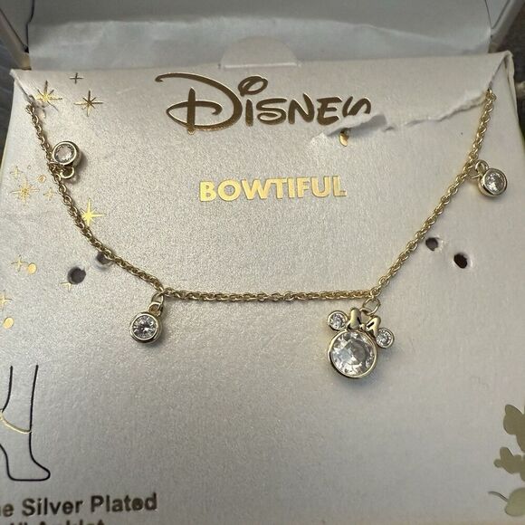 Disney Bowtiful Crystal Minnie Mouse Gold Over Fine Silver Plated Anklet 9”+1” - Picture 4 of 4